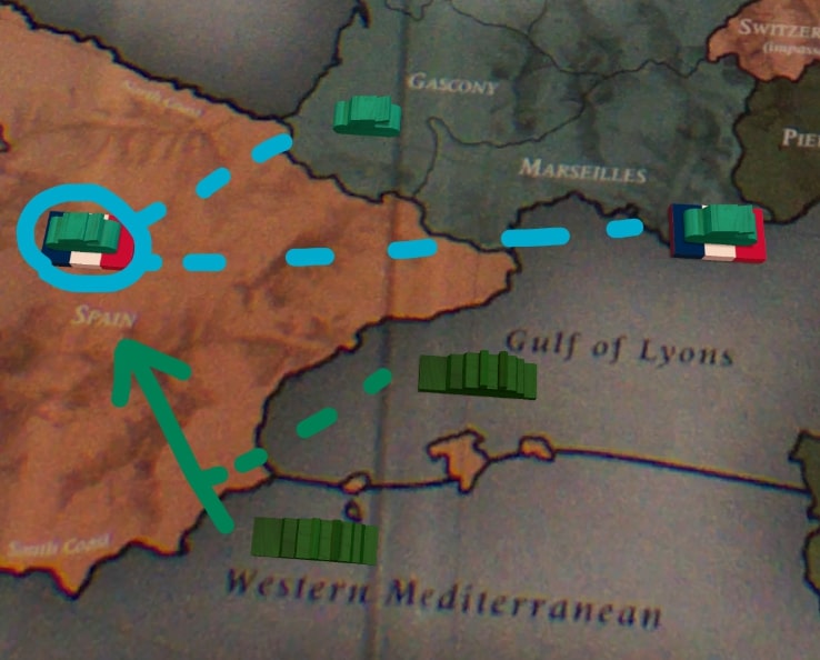 Two fleets to the Southeast of Spain try to take Spain's Southern coast. However, three armies from France hold Spain, so France retains control.